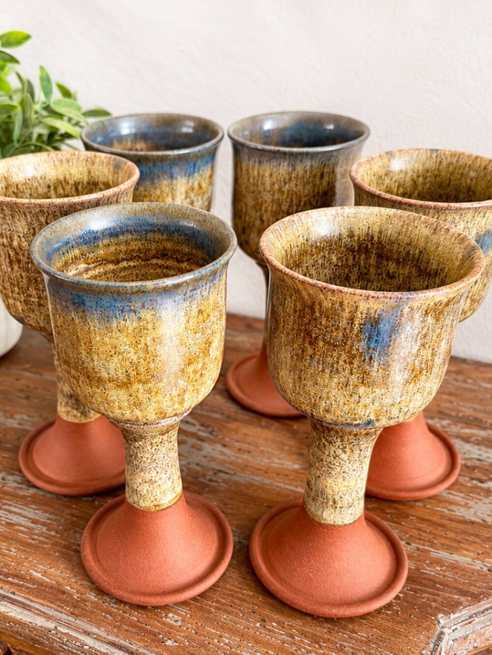 Set of 6 Handmade Studio Pottery Goblets | Earthy Brown & Blue Glaze Ceramic Win